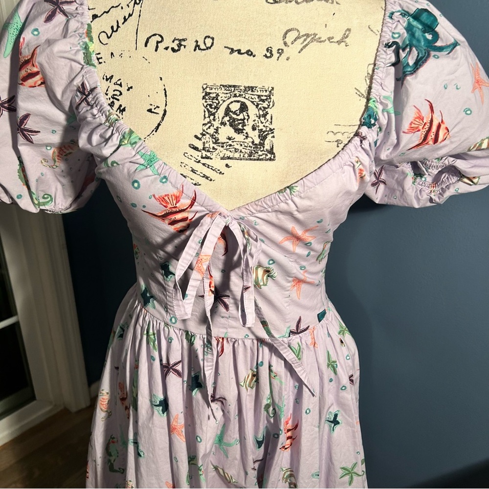 Hill House Sea Creatures Fish Print Puff Sleeve Midi Ophelia Dress - Picture 9 of 14